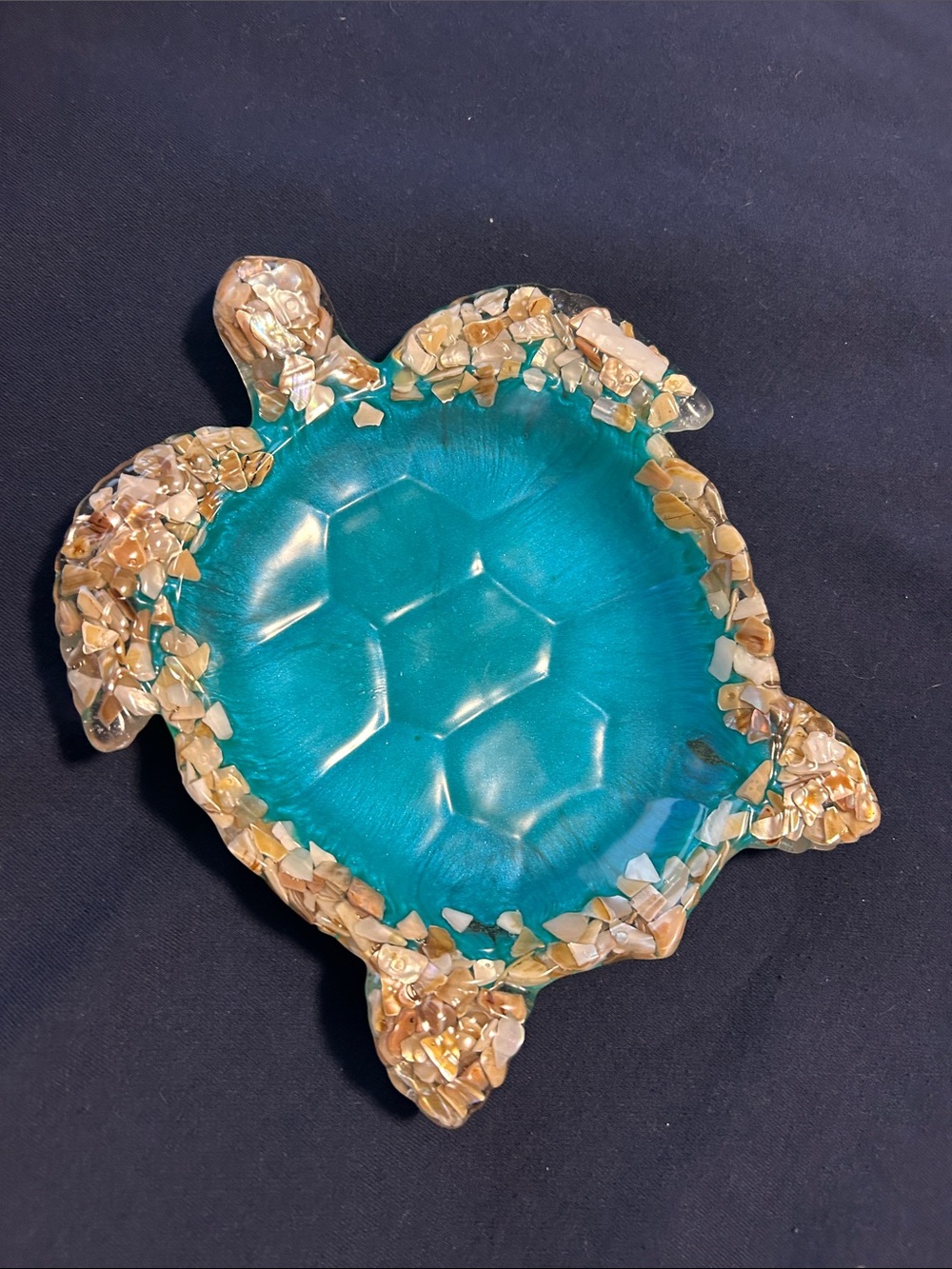 Handmade Teal Turtle Accent Bowl with Shell-Style Trim